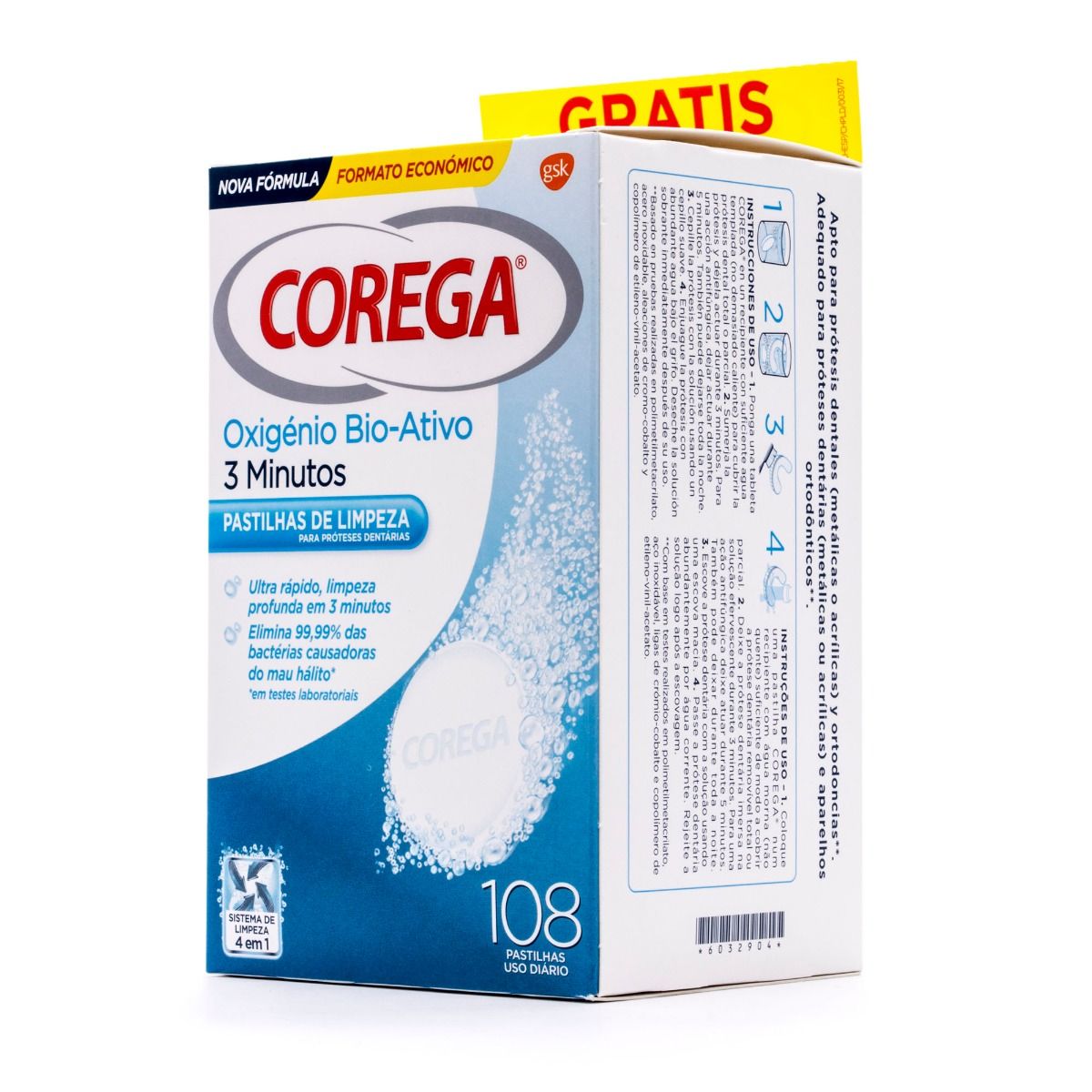 COREGA OXÍGENO BIO-ACTIVO 3 Minutos. GRAN FORMATO 108 PASTILLAS