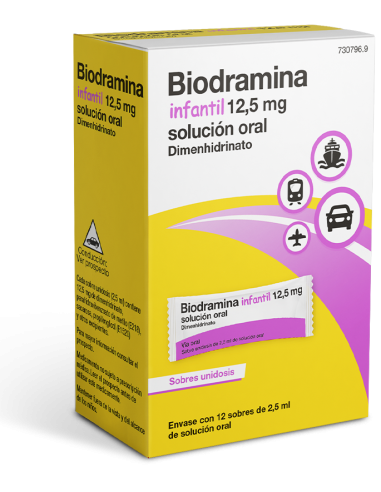 BIODRAMINA INFANTIL 12,5 MG SOLUCION ORAL, 12 sobres unidosis de 2,5 ml