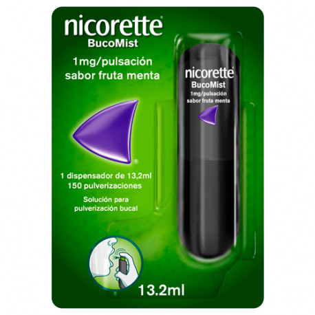 NICORETTE BUCOMIST 1 MG/PULSACION SOLUCION PARA PULVERIZACION BUCAL SABOR FRUTA MENTA, 1 dispensador de 13,2 ml (150 pulverizaciones)