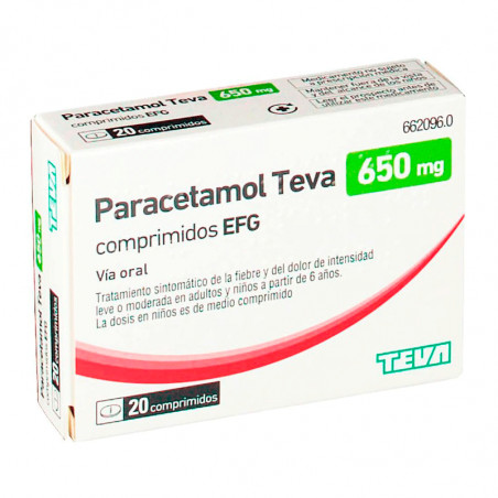 PARACETAMOL TEVA-RIMAFAR 650 MG COMPRIMIDOS EFG , 20 comprimidos PARACETAMOL TEVA-RIMAFAR 650 MG COMPRIMIDOS EFG , 20 comprimidos